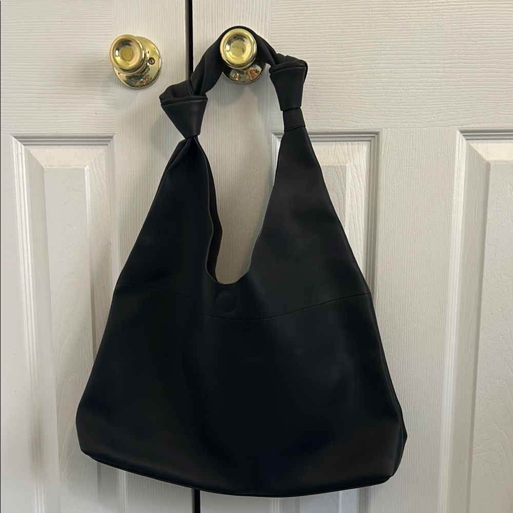 Anthropology Black Faux Leather Slouchy Knotted Handle Tote